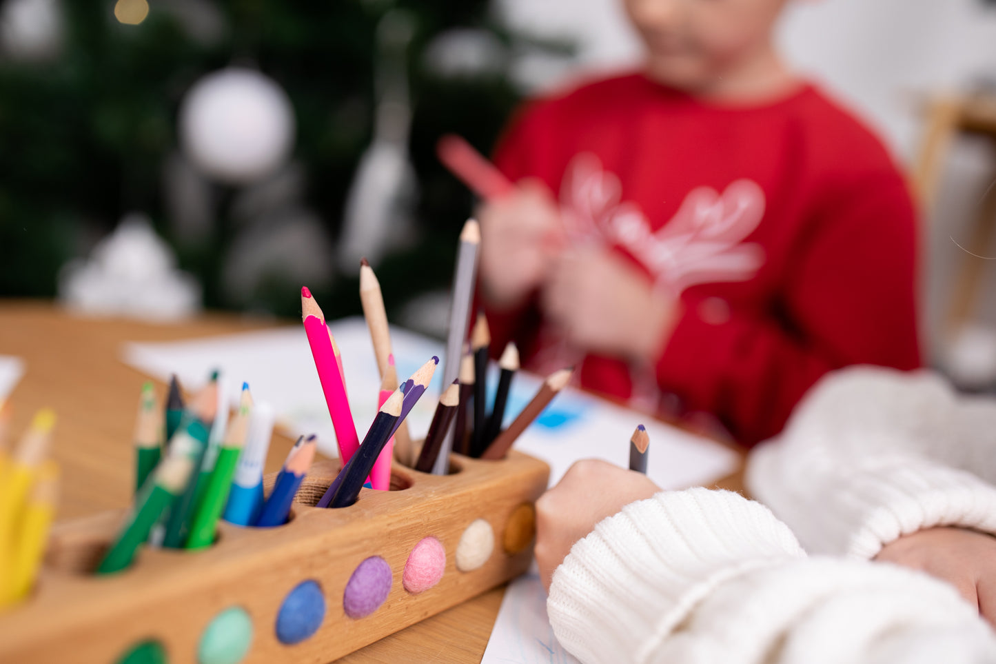 Wooden pencil holder with 10 holes for felt balls, desk organizer