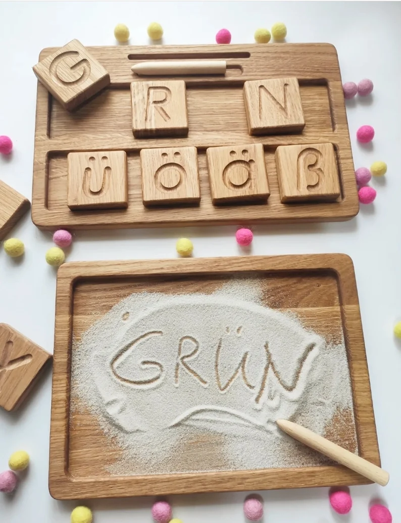 Montessori German letters reversible A/a blocks or cards with sand tray