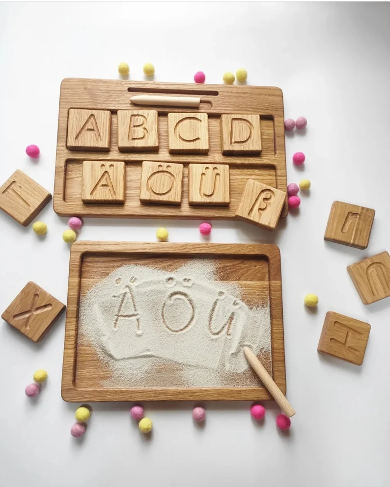 Montessori German letters reversible A/a blocks or cards with sand tray