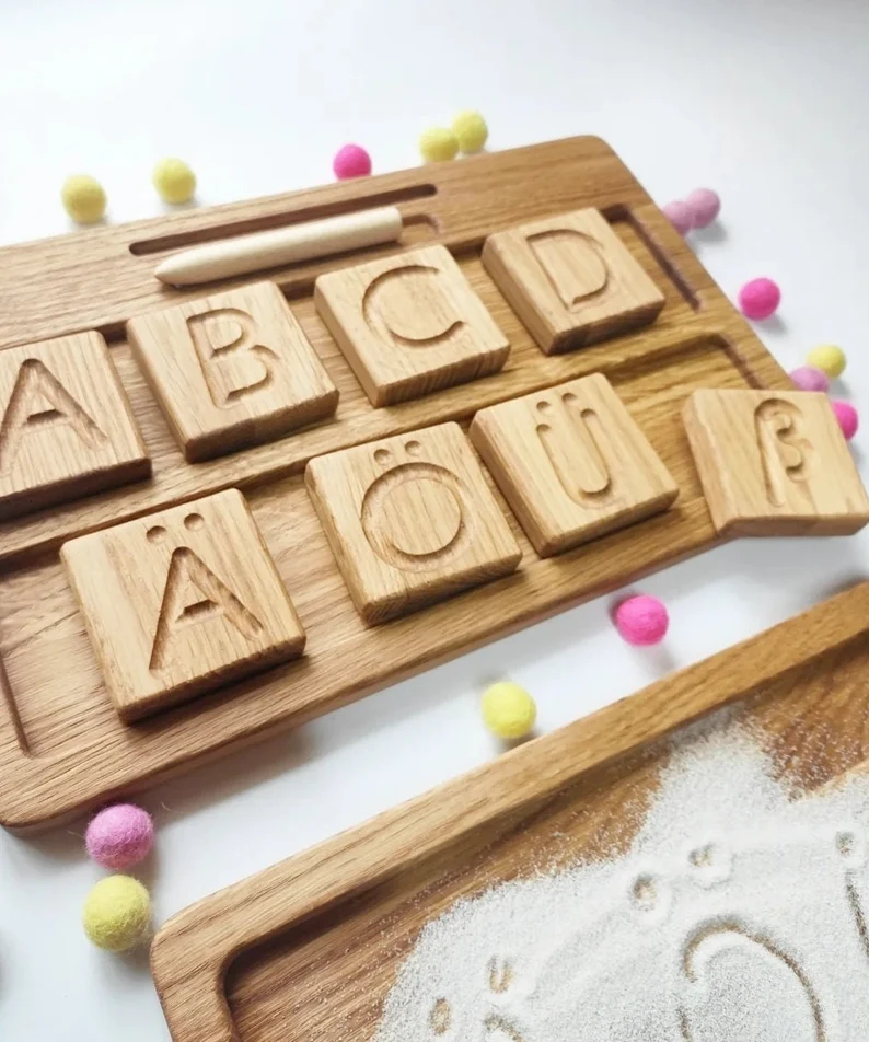 Montessori German letters reversible A/a blocks or cards with sand tray
