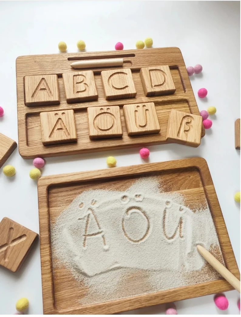 Montessori German letters reversible A/a blocks or cards with sand tray