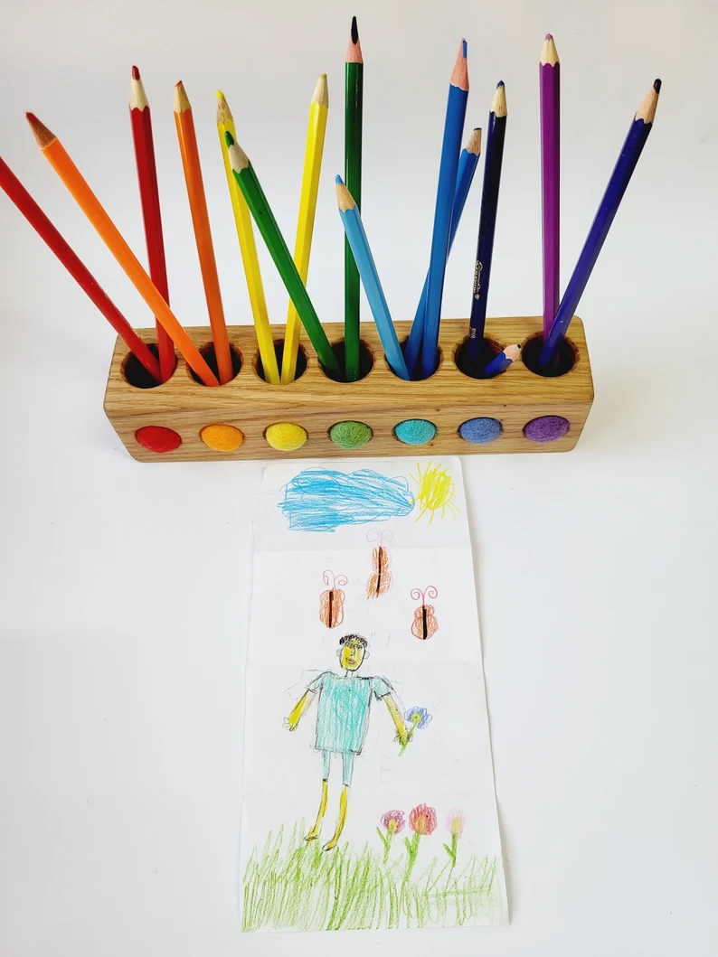 Wooden pencil holder with 7 holes for felt balls, desk organizer