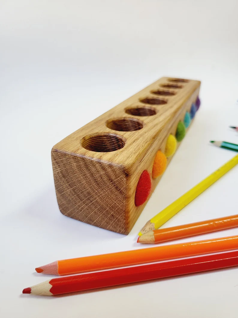 Wooden pencil holder with 7 holes for felt balls, desk organizer