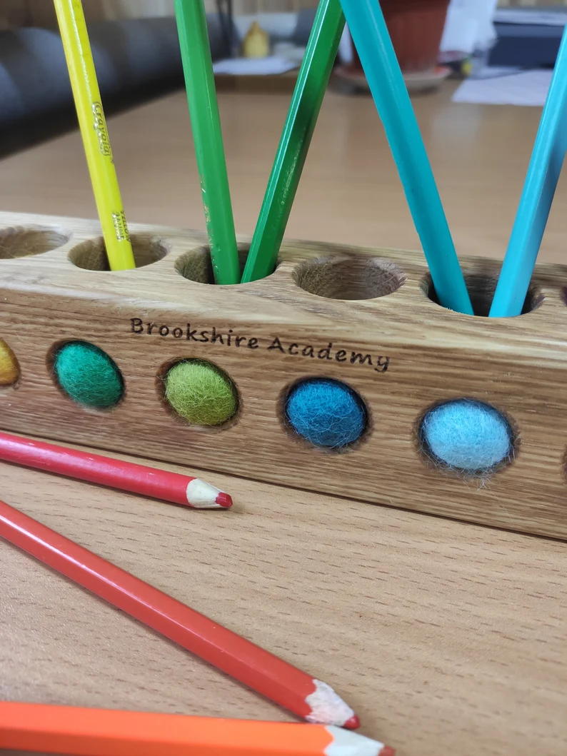 Wooden pencil holder with 7 holes for felt balls, desk organizer