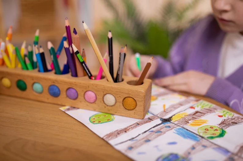 Wooden pencil holder with holes for felt balls, desk organizer