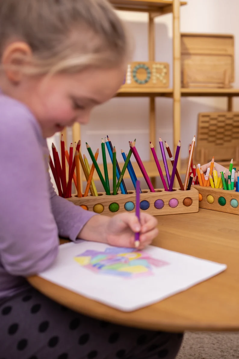 Wooden pencil holder with holes for felt balls, desk organizer