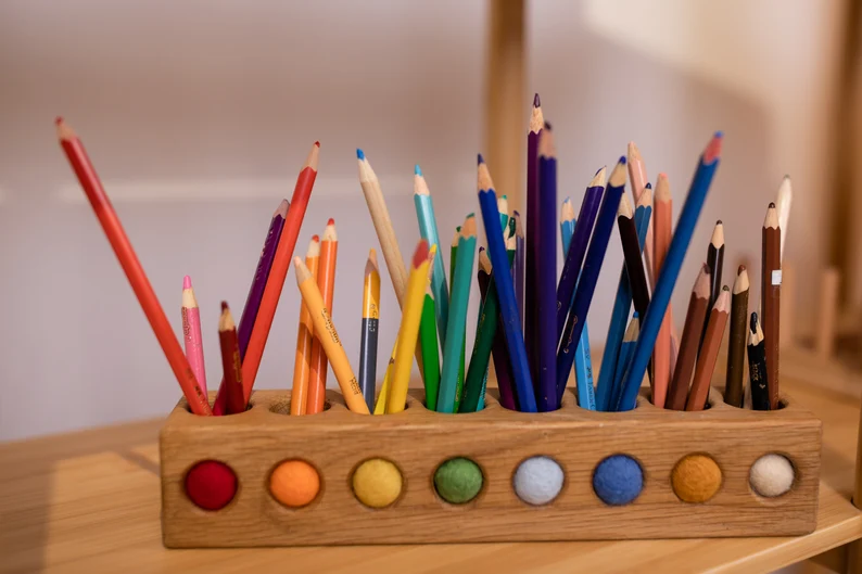 Wooden pencil holder with holes for felt balls, desk organizer