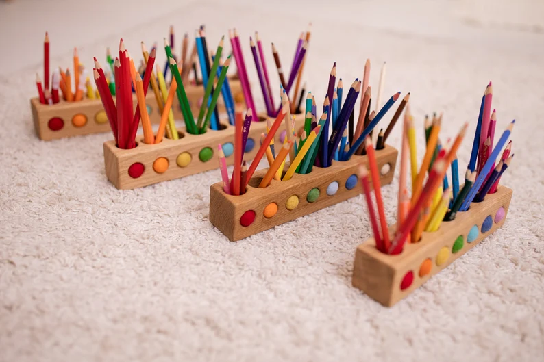 Wooden pencil holder with holes for felt balls, desk organizer