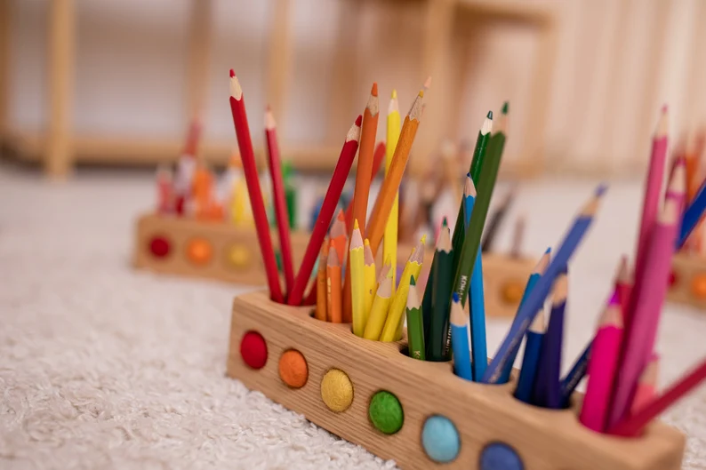 Wooden pencil holder with holes for felt balls, desk organizer