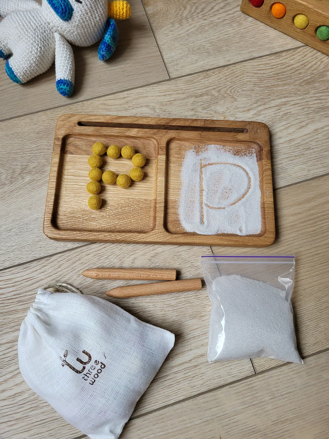 Montessori wooden learning tray with 2 parts, card holder, sand writing tray