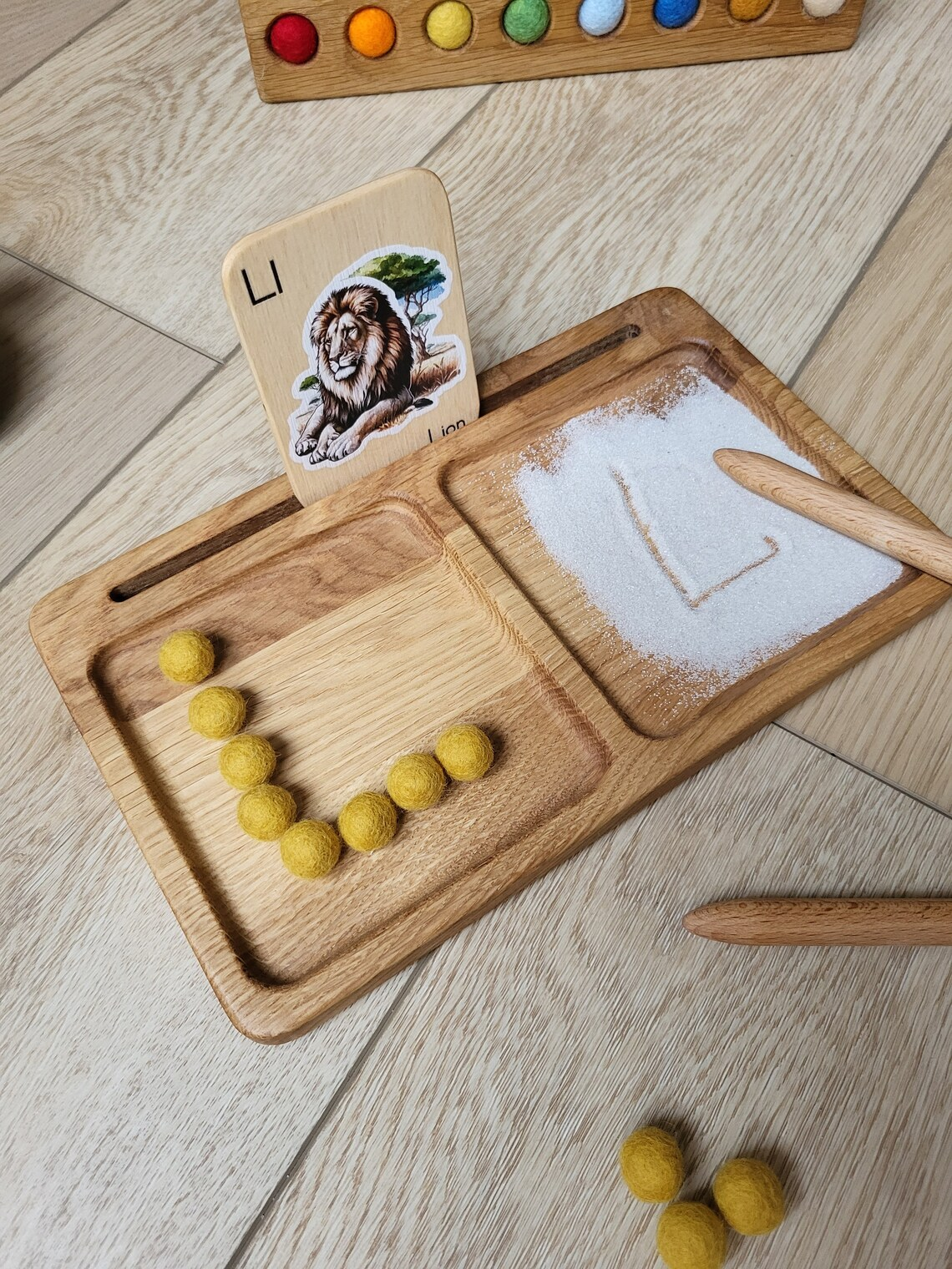 Montessori wooden learning tray with 2 parts, card holder, sand writing tray