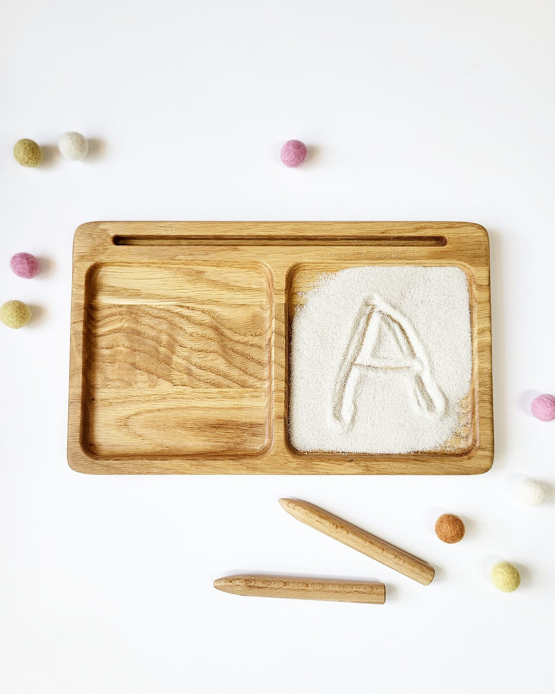 Montessori wooden learning tray with 2 parts, card holder, sand writing tray