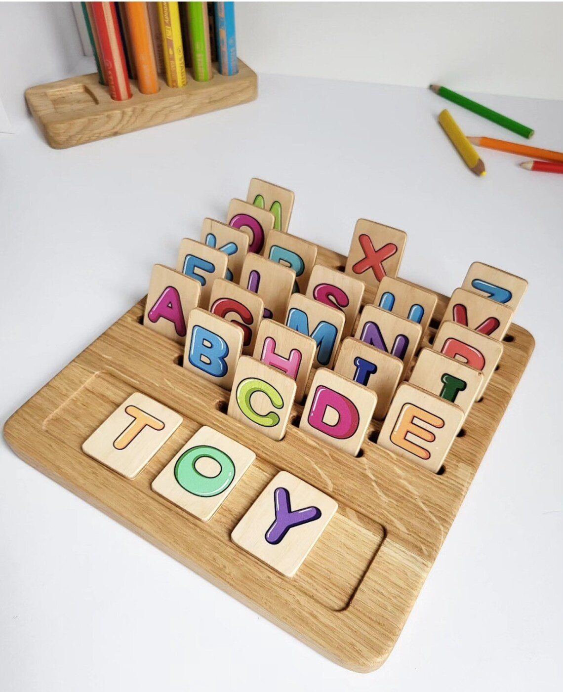 Gift for toddler Alphabet board with colored Uppercase letters