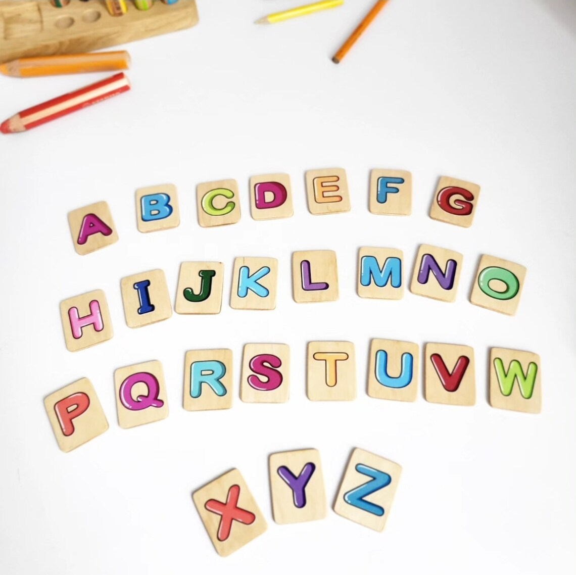 Gift for toddler Alphabet board with colored Uppercase letters