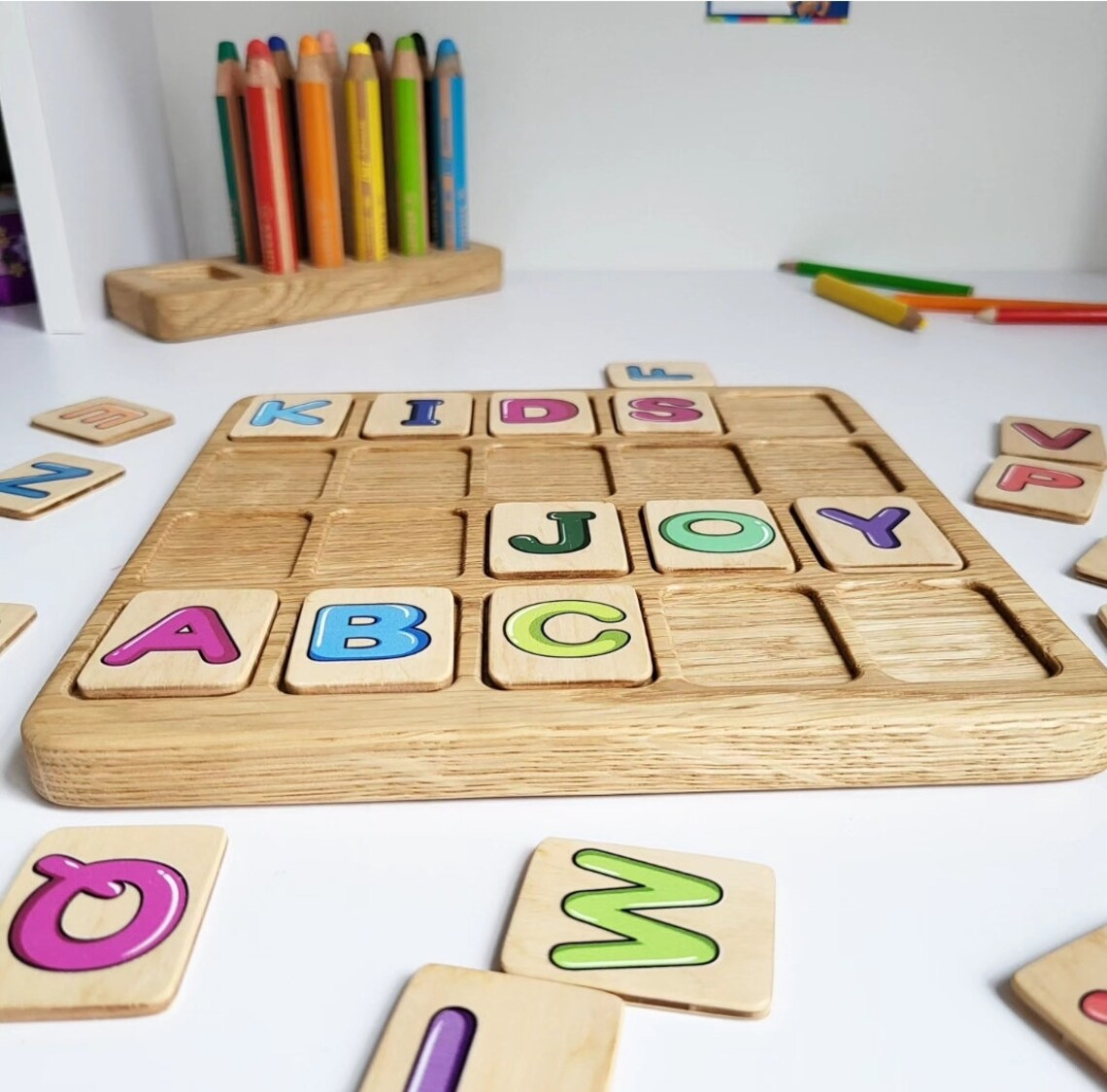 Gift for toddler Alphabet board with colored Uppercase letters
