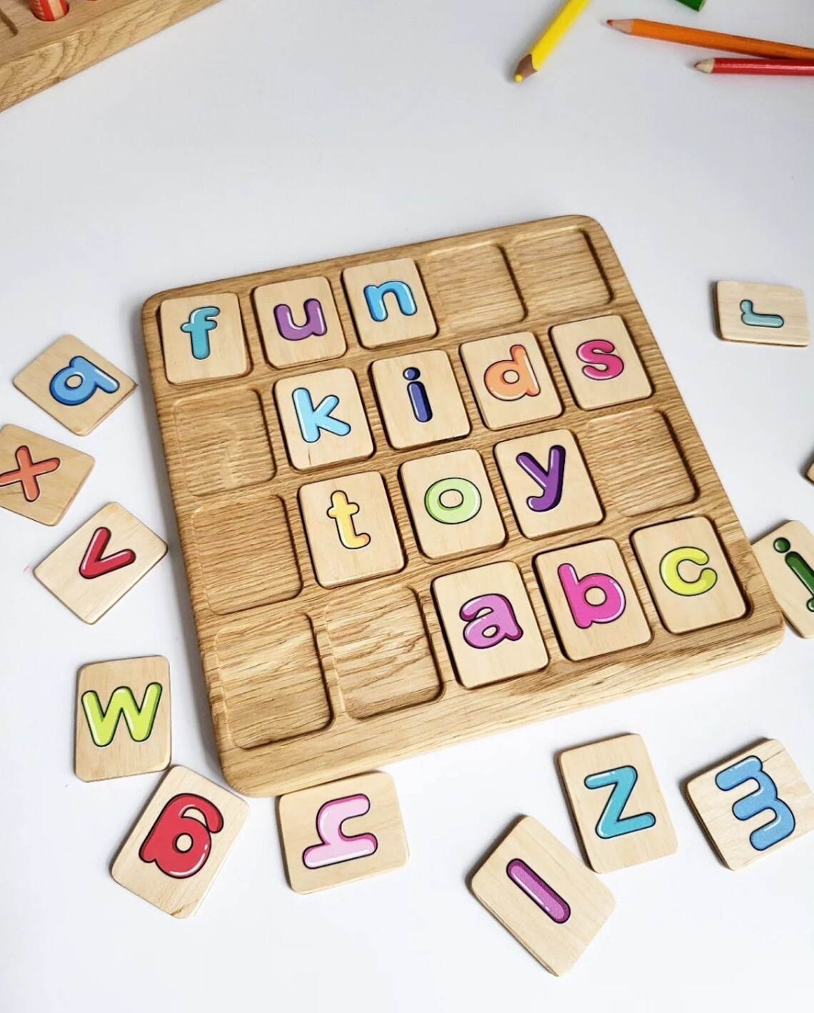 Gift for toddler Alphabet board with colored lowercase letters