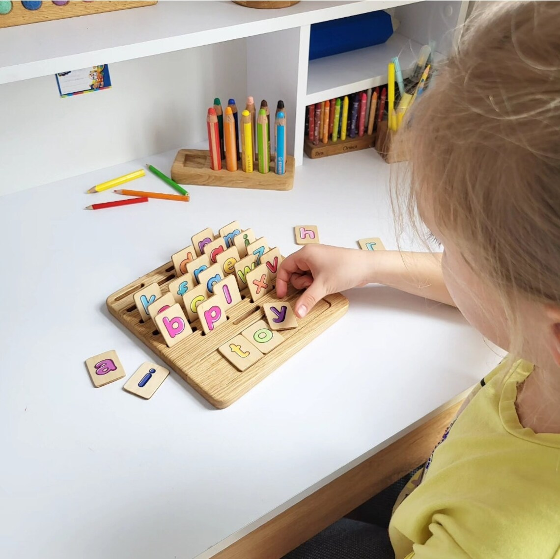 Gift for toddler Alphabet board with colored lowercase letters