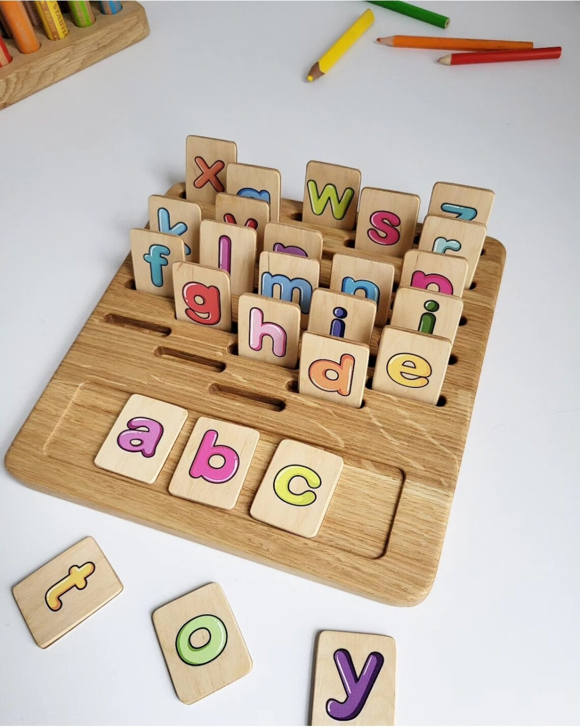 Gift for toddler Alphabet board with colored lowercase letters