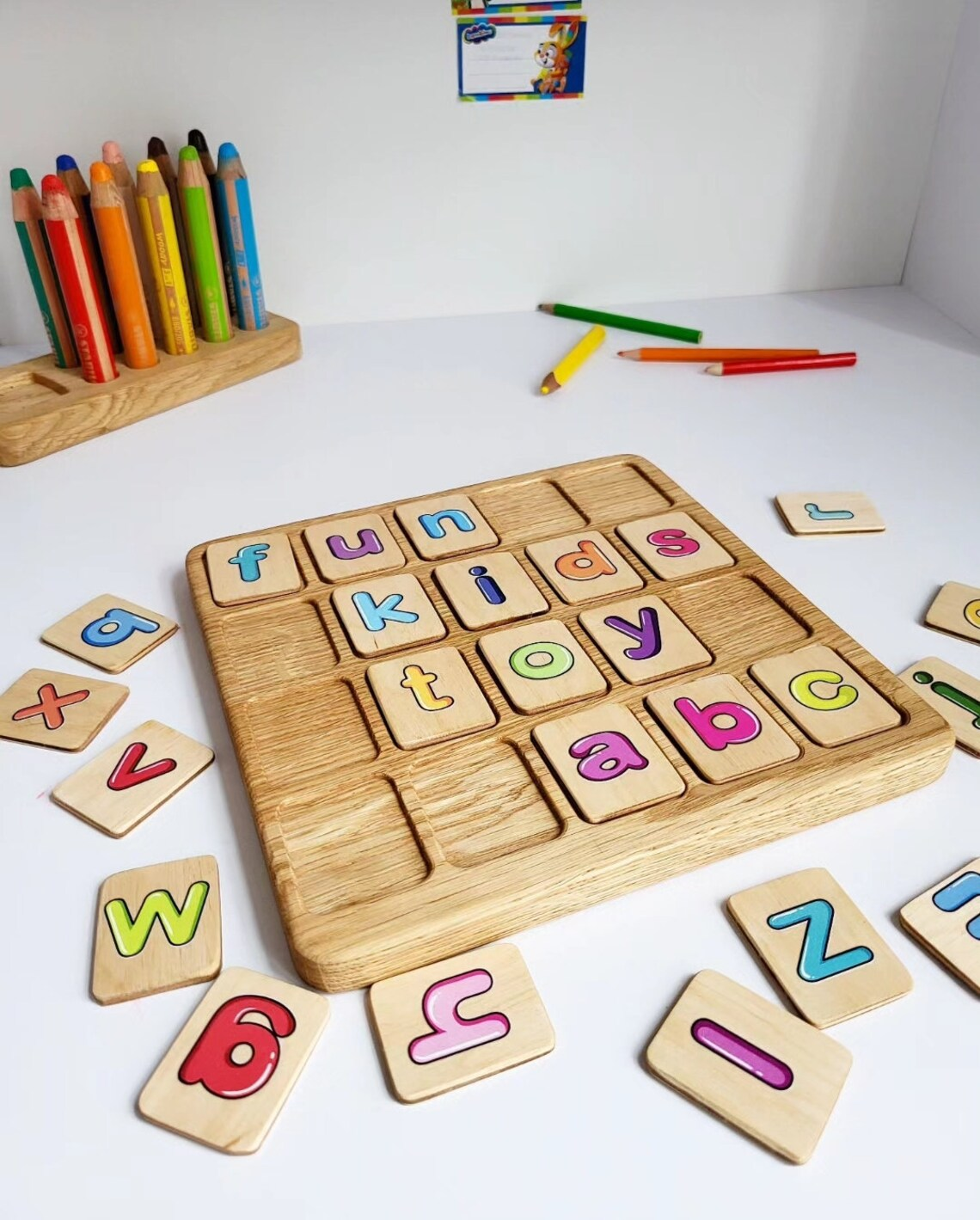 Gift for toddler Alphabet board with colored lowercase letters