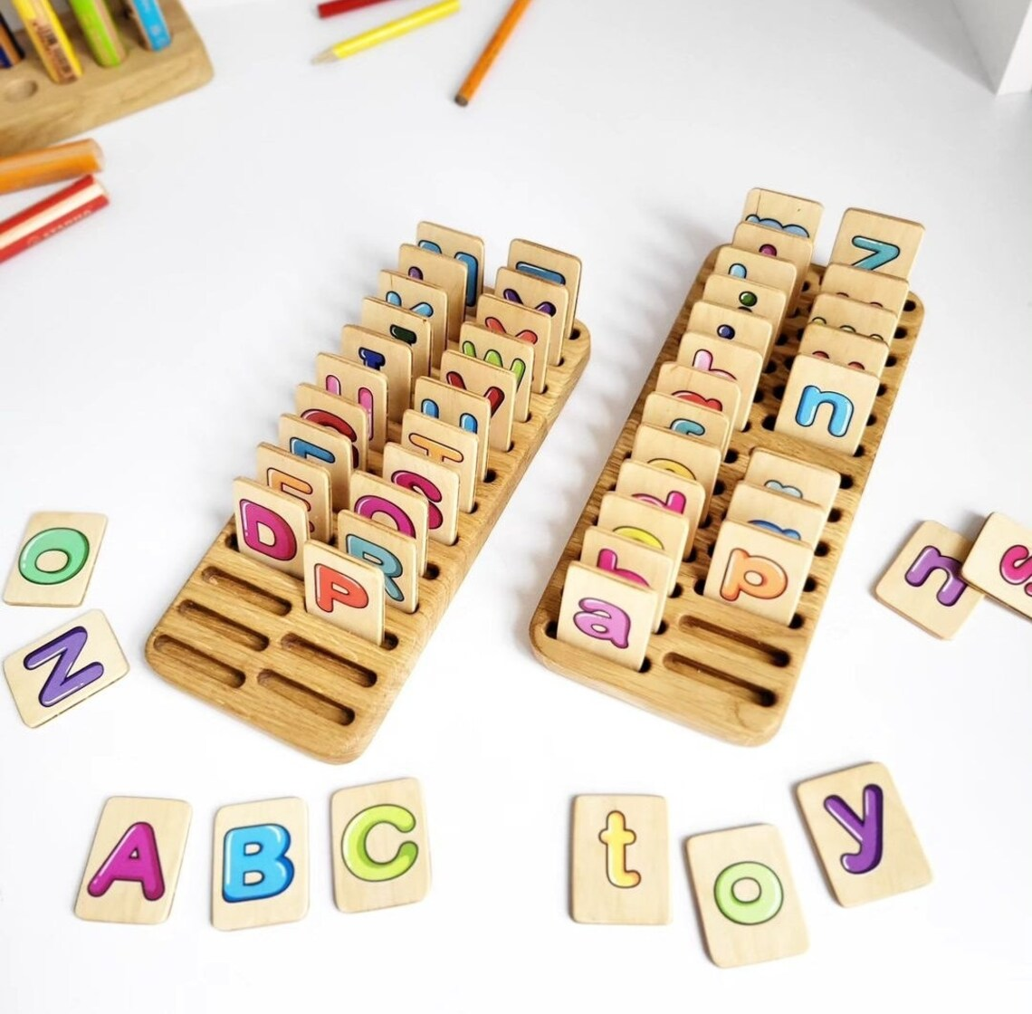 English Colored Wooden Letter Cards with Holder