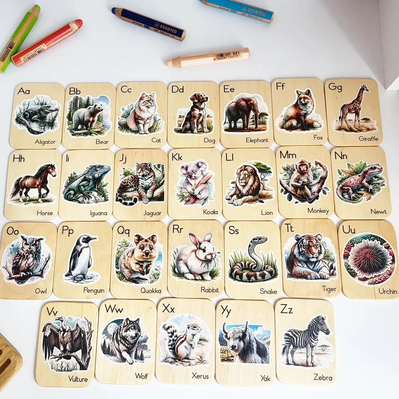 Montessori wooden alphabet flash cards with animals pictures