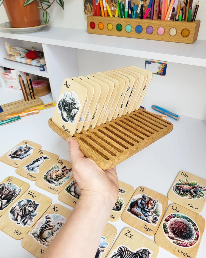 Montessori wooden alphabet flash cards with animals pictures