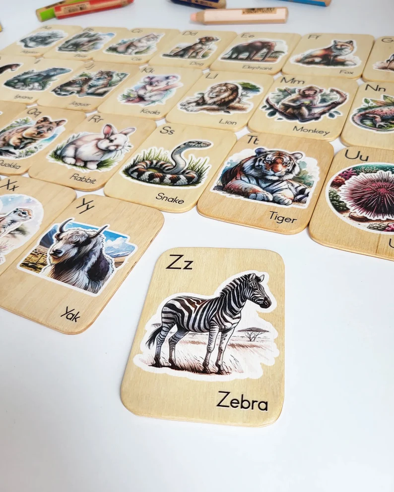 Montessori wooden alphabet flash cards with animals pictures