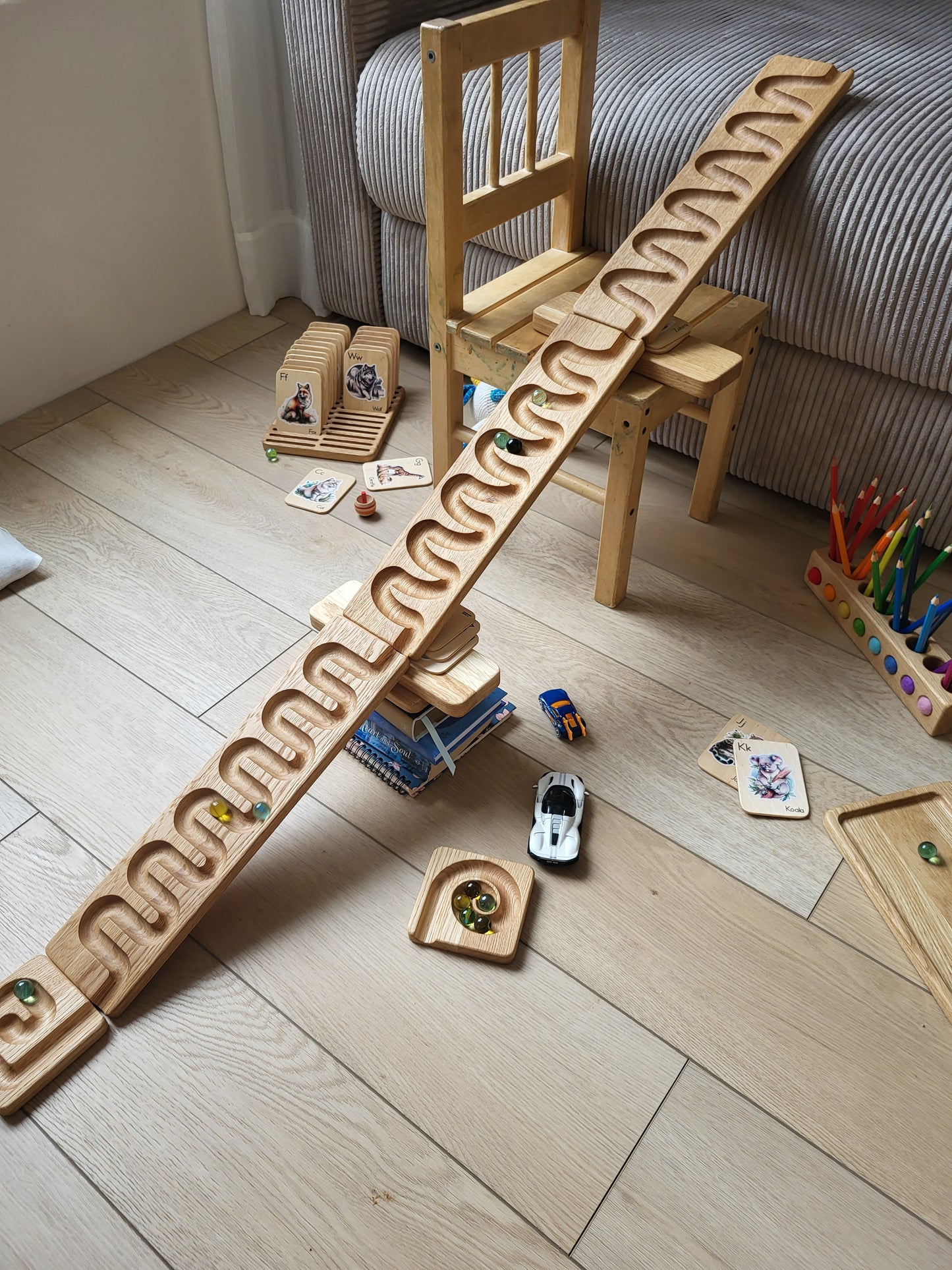 Wooden marble run turn race
