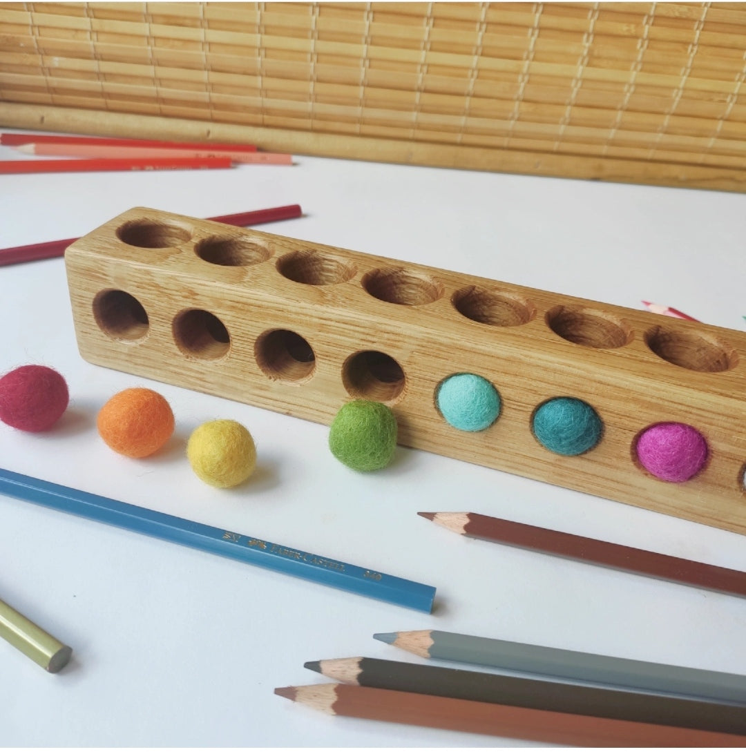 Wooden pencil holder with 10 holes for felt balls, desk organizer