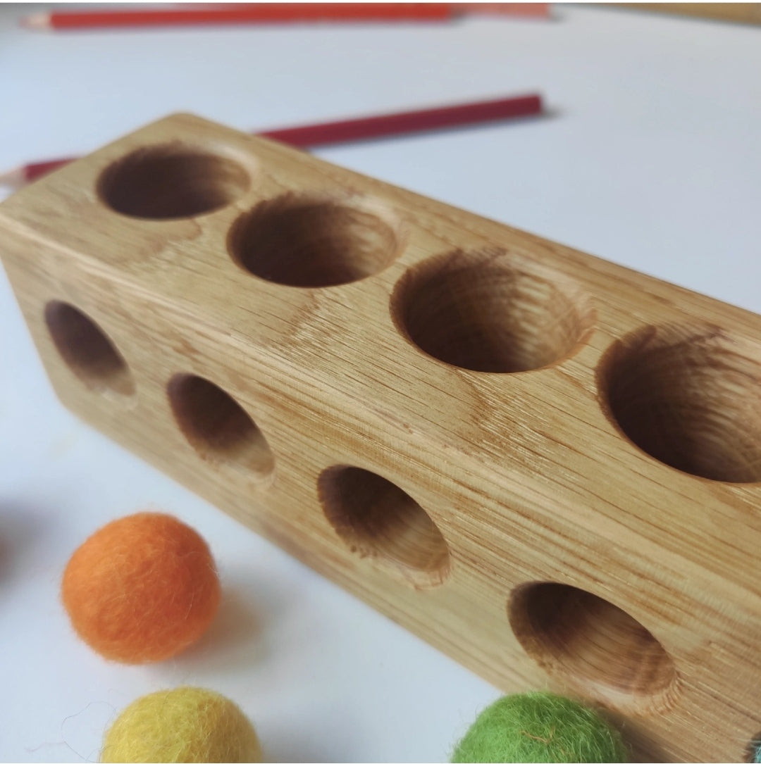 Wooden pencil holder with 10 holes for felt balls, desk organizer