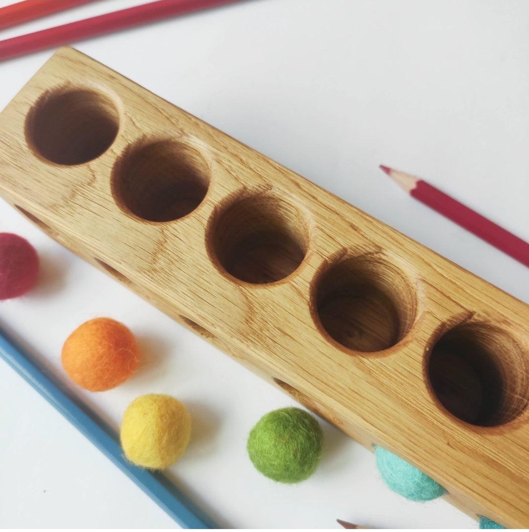 Wooden pencil holder with 10 holes for felt balls, desk organizer