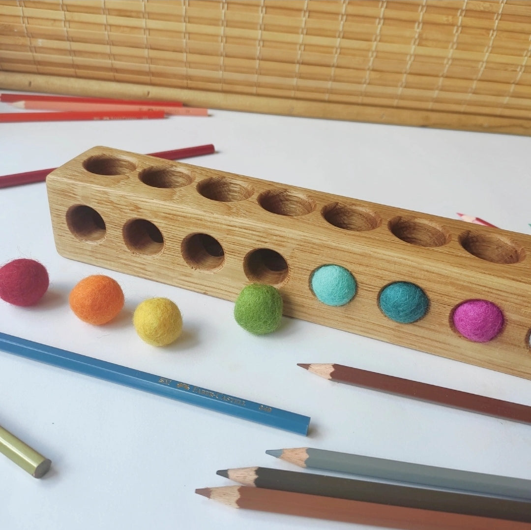 Wooden pencil holder with 10 holes for felt balls, desk organizer