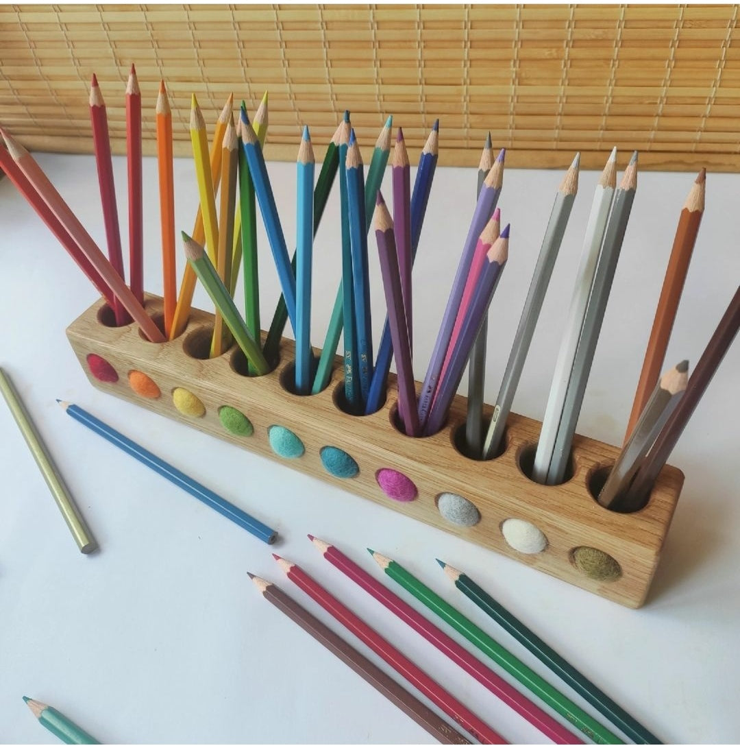Wooden pencil holder with 10 holes for felt balls, desk organizer