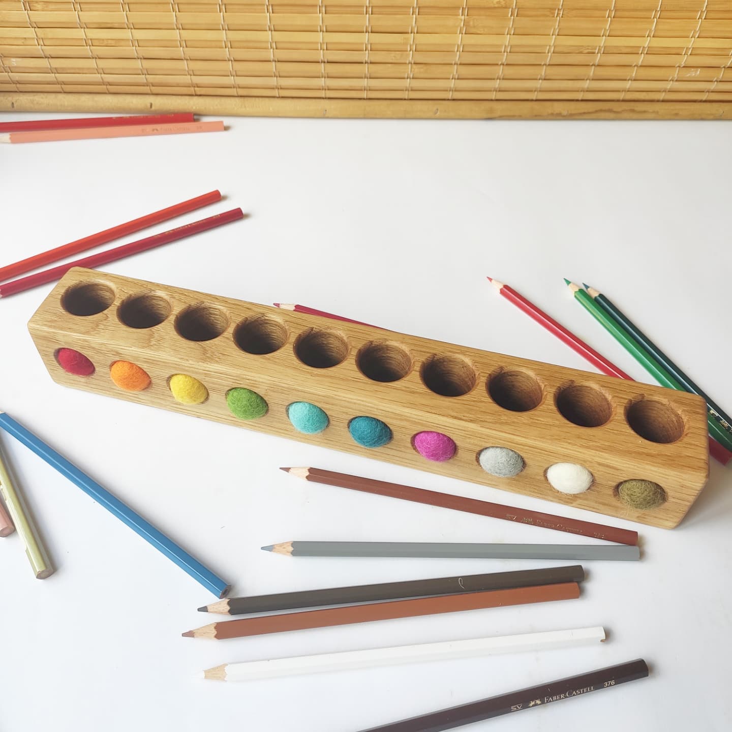 Wooden pencil holder with 10 holes for felt balls, desk organizer