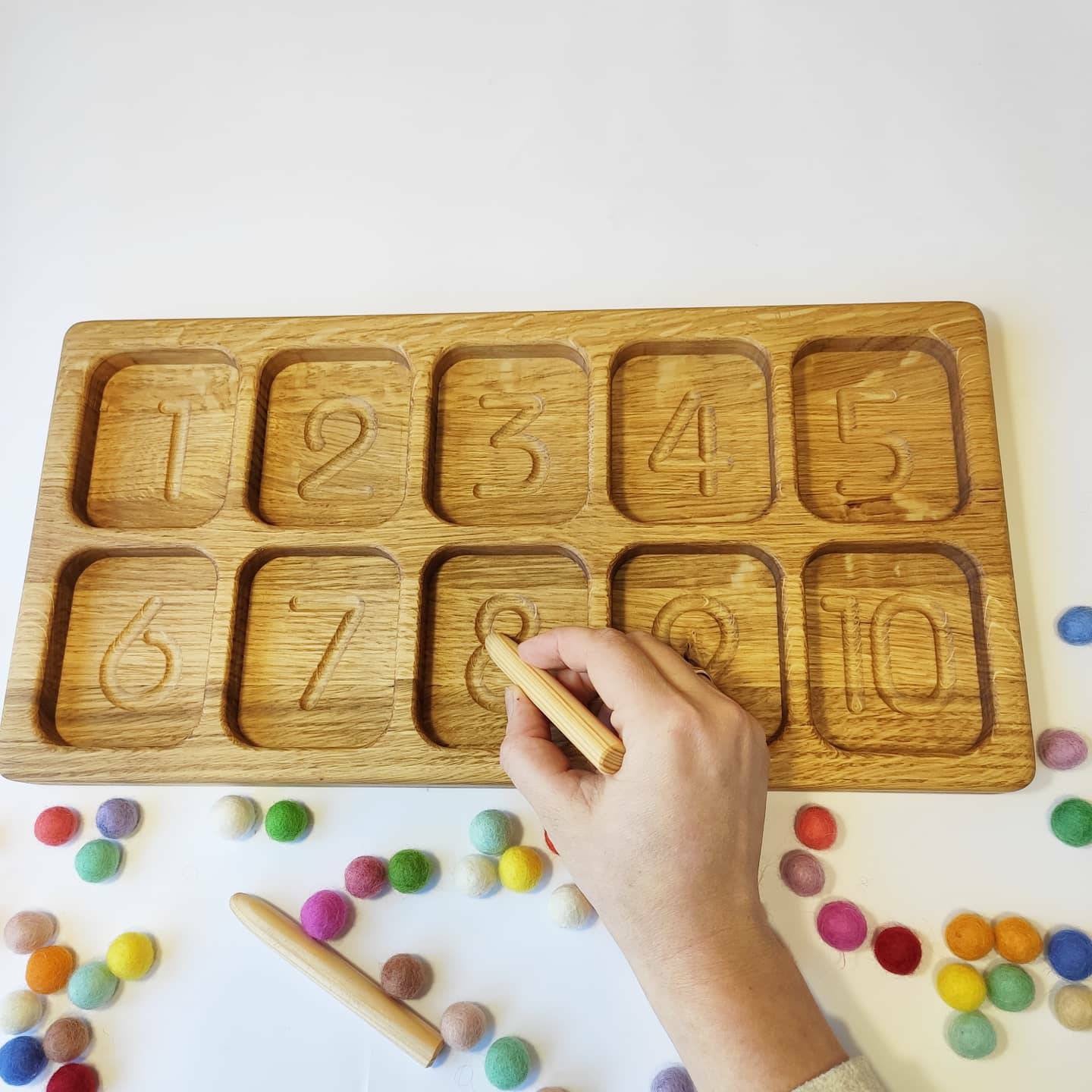 Montessori sorting tray with 10 sections and numbers