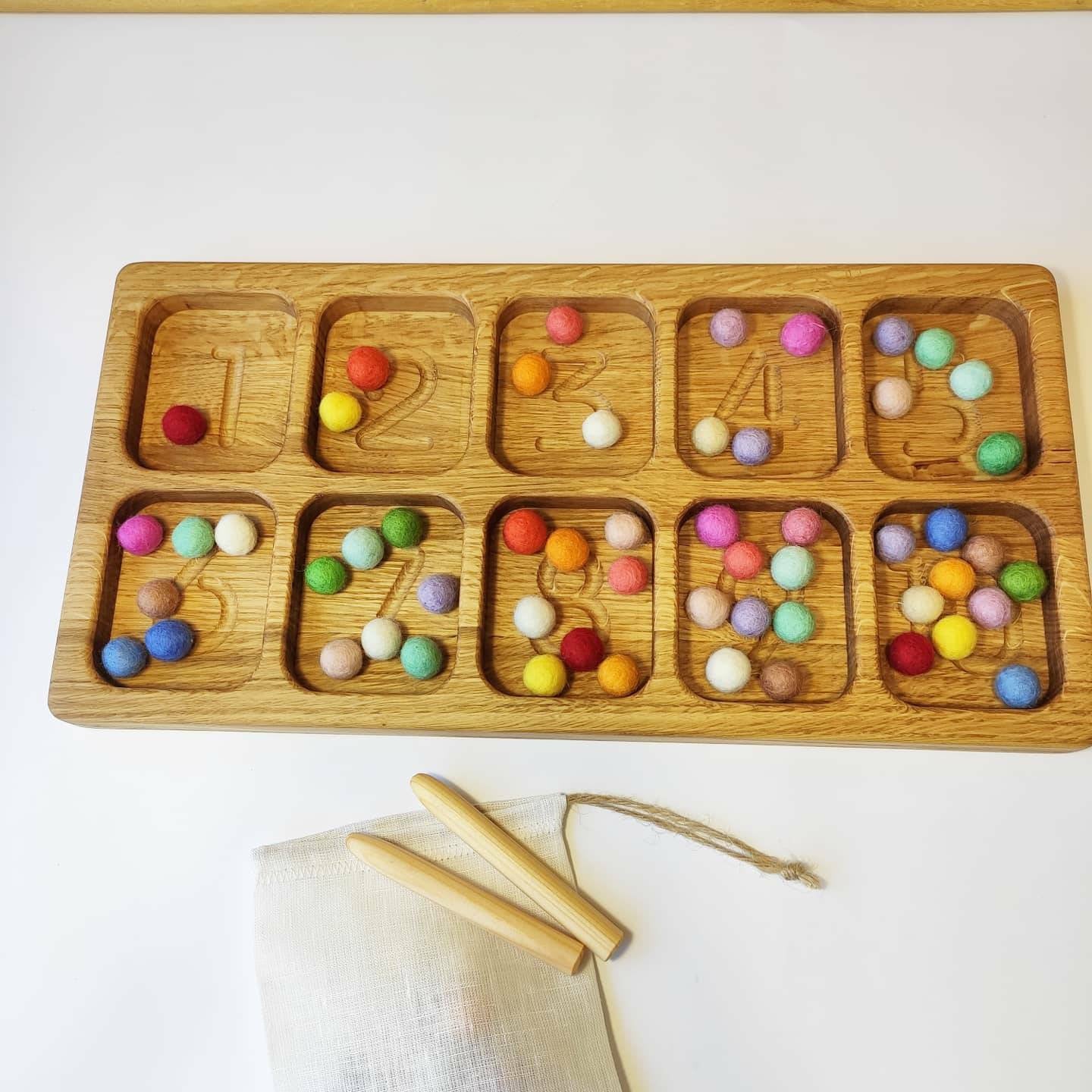 Montessori sorting tray with 10 sections and numbers