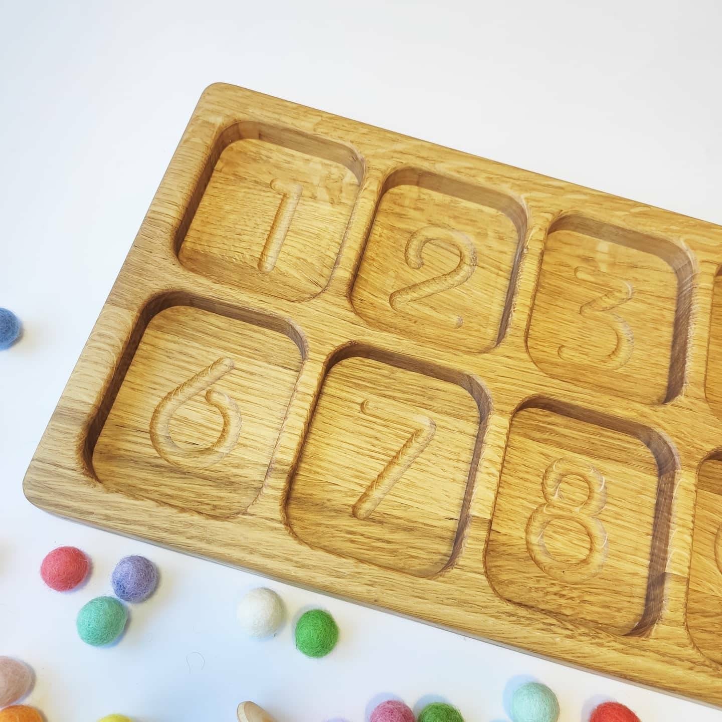 Montessori sorting tray with 10 sections and numbers