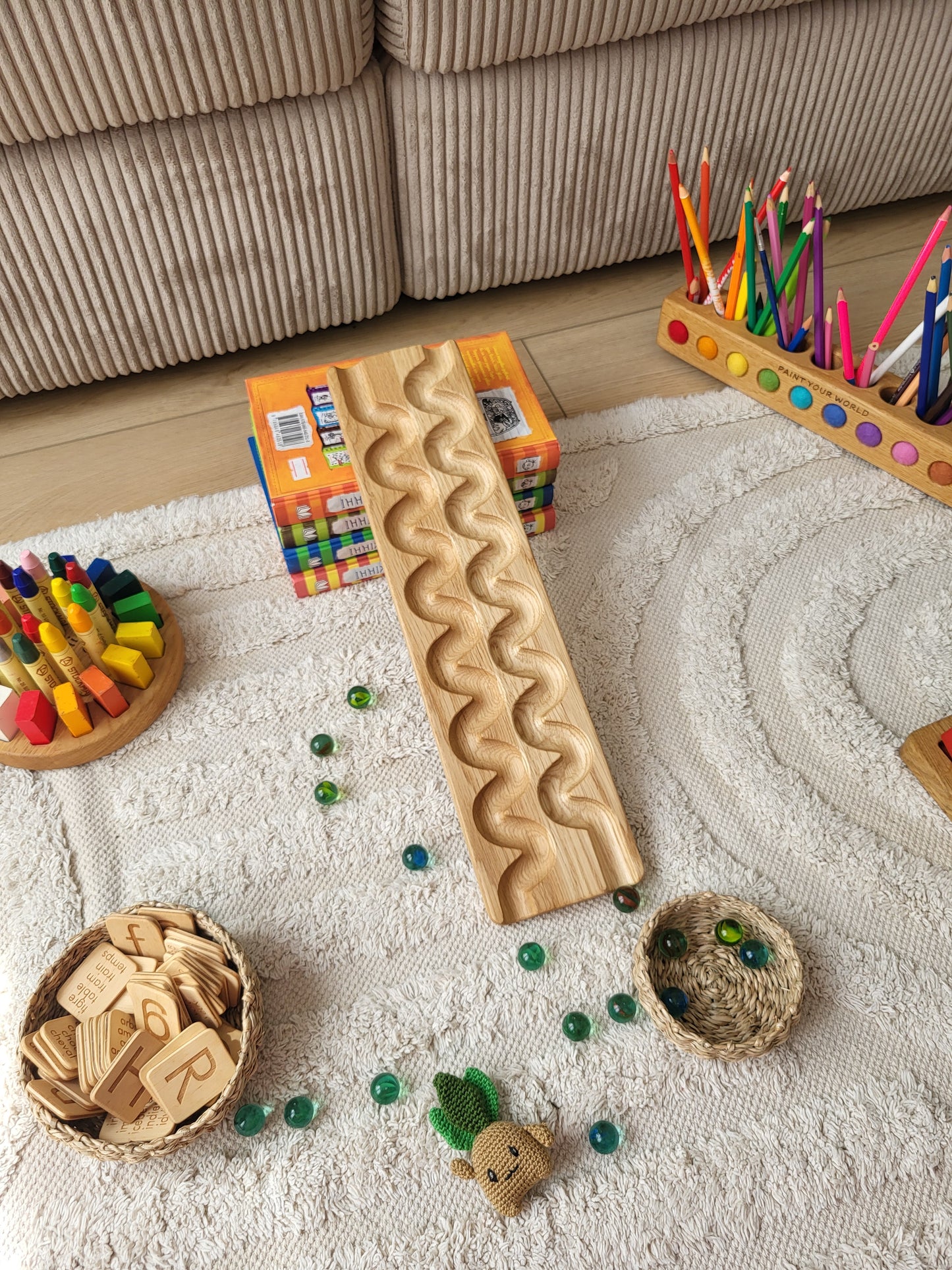 Wooden marble run track