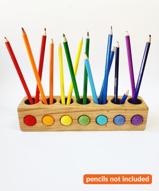 Wooden pencil holder with 7 holes for felt balls