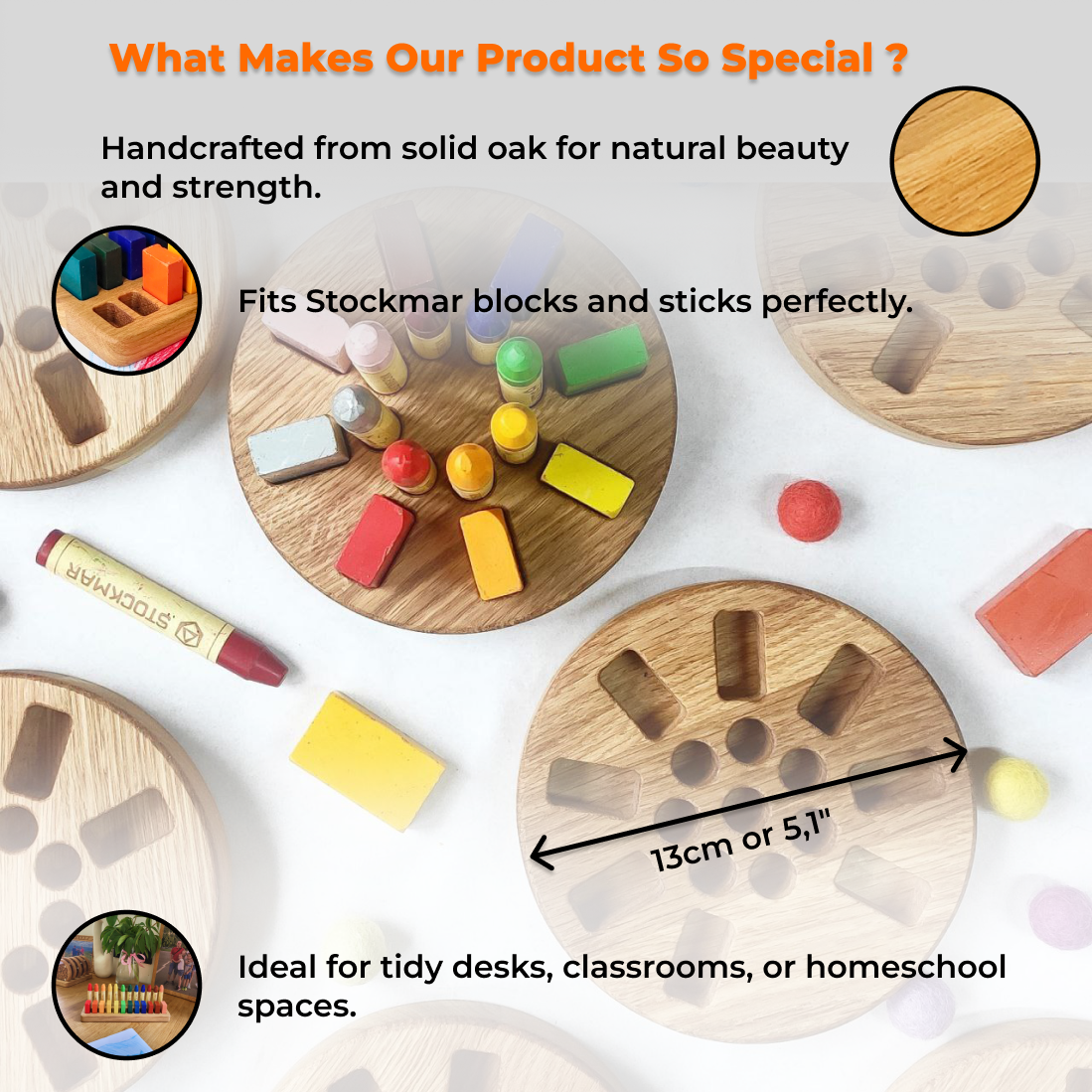 Waldorf-Rundhalter für Buntstifte für Stockmar 8 Blöcke und 8 Stäbchen, rund, ohne Buntstifte