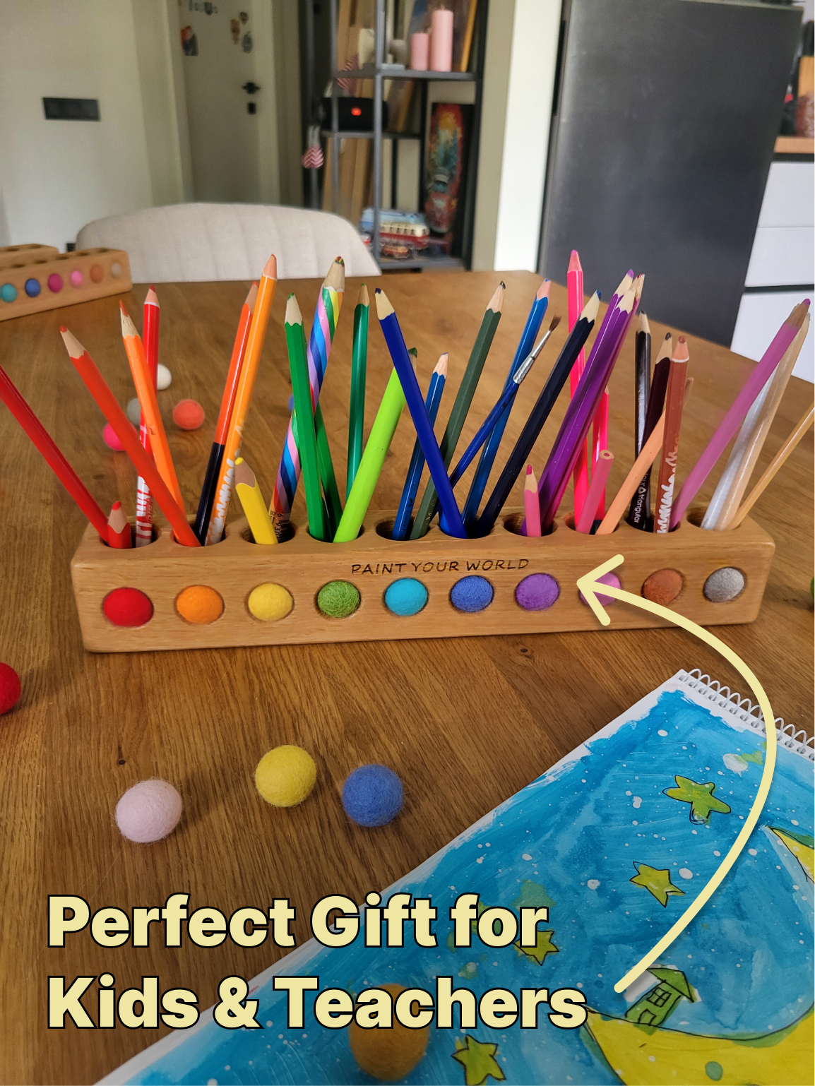 Wooden pencil holder with 10 holes for felt balls PENCILS NOT INCLUDED