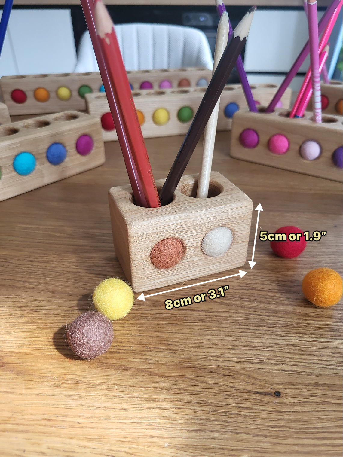 Wooden pencil holder with holes for felt balls PENCILS NOT INCLUDED