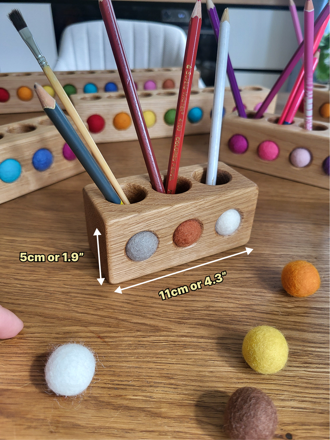 Wooden pencil holder with holes for felt balls PENCILS NOT INCLUDED