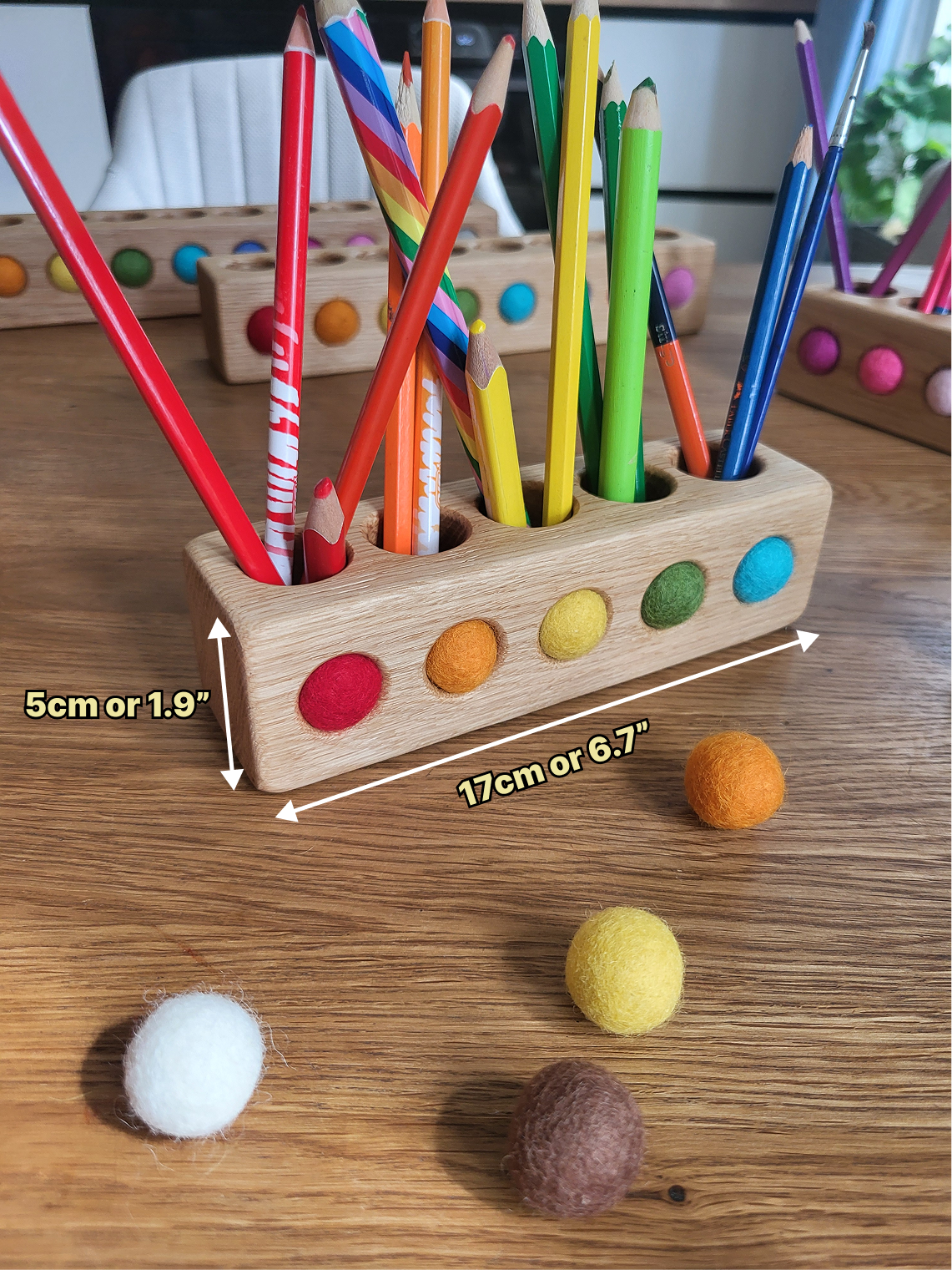 Wooden pencil holder with holes for felt balls PENCILS NOT INCLUDED