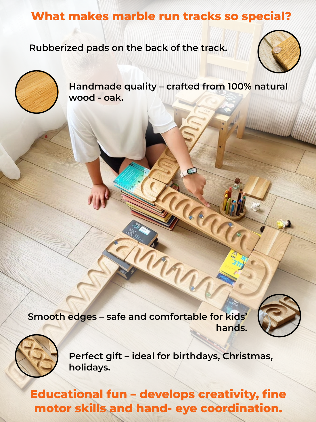 Wooden Marble Run Track Set, set of 7