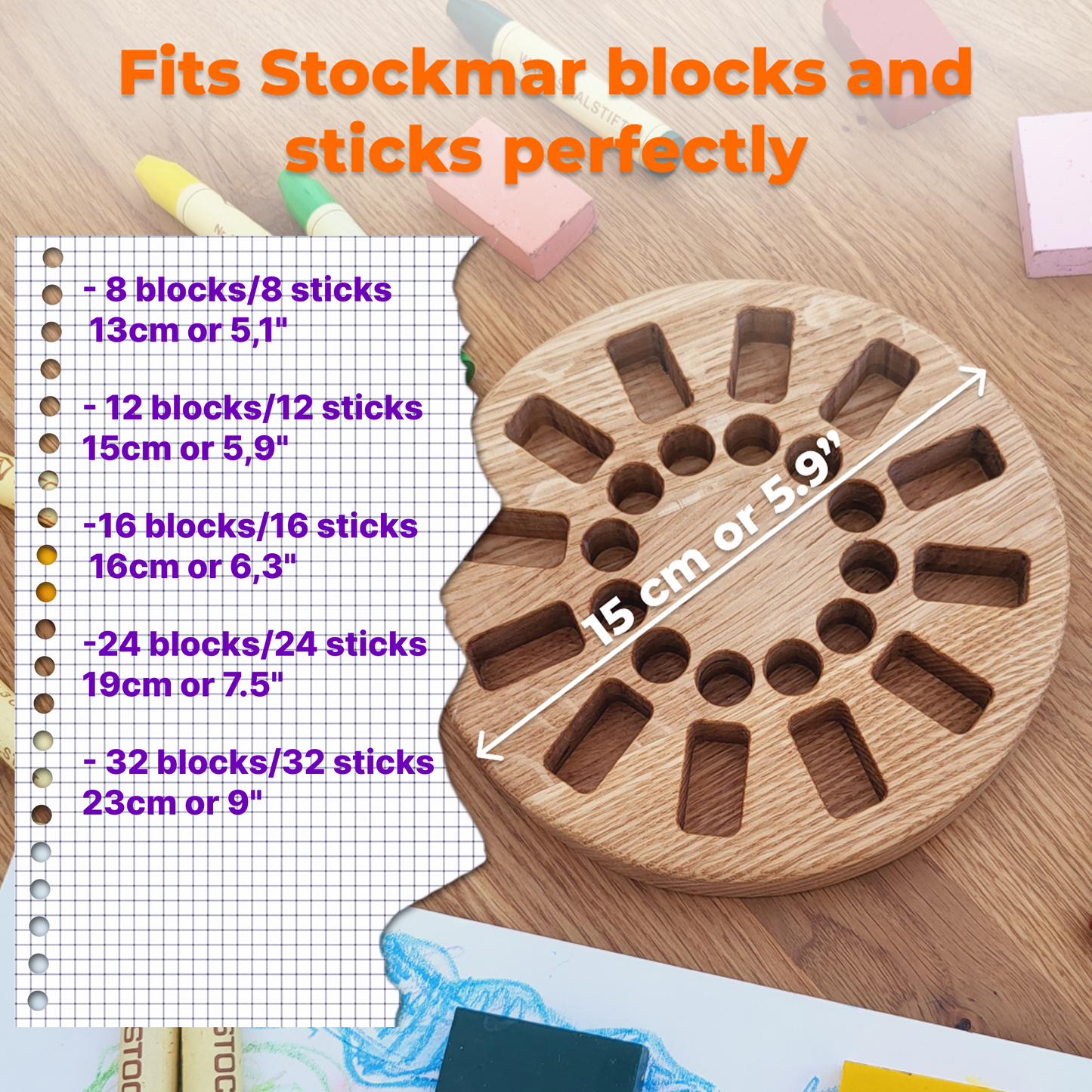Waldorf-Rundhalter für Buntstifte, passend für Stockmar 12 Blöcke und 12 Stäbe, ohne Buntstifte