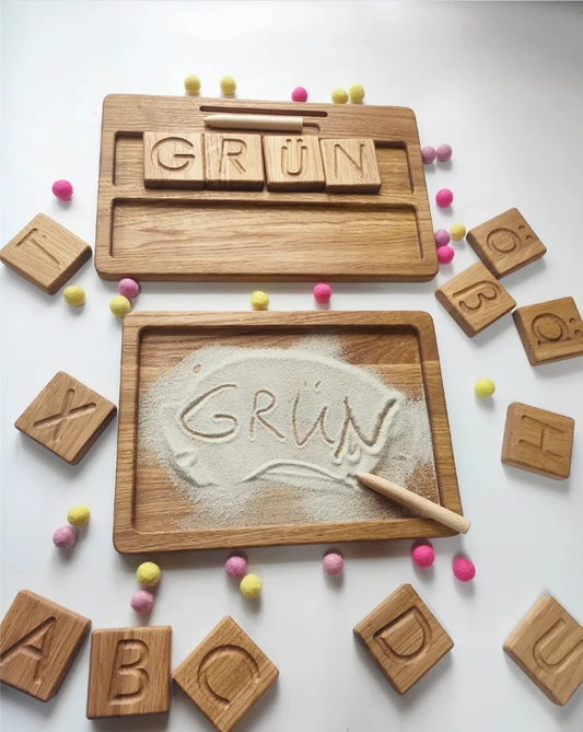 Montessori German letters reversible A/a blocks or cards with sand tray