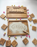 Load image into Gallery viewer, Montessori German letters reversible A/a blocks or cards with sand tray
