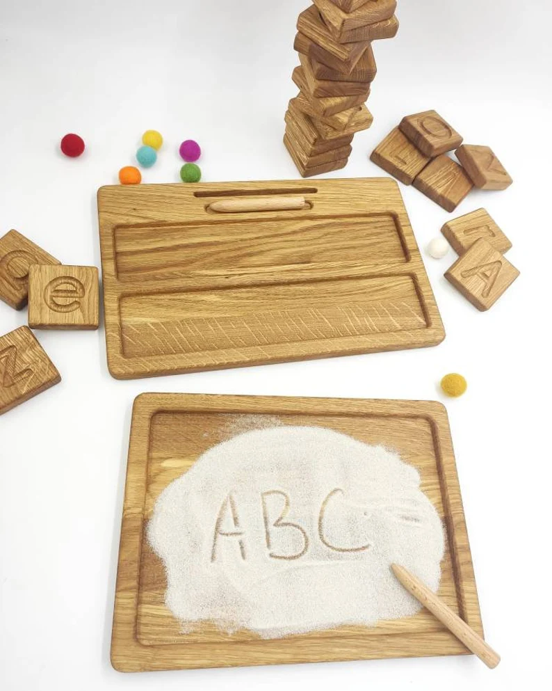 Montessori German letters reversible A/a blocks or cards with sand tray