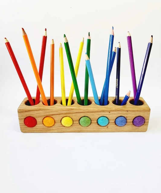 Wooden pencil holder with 7 holes for felt balls, desk organizer